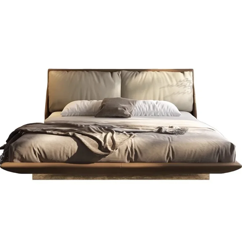 

Minimalist soft bag double bed master bedroom queen bed with lamp first layer cowhide bedroom high-end bed