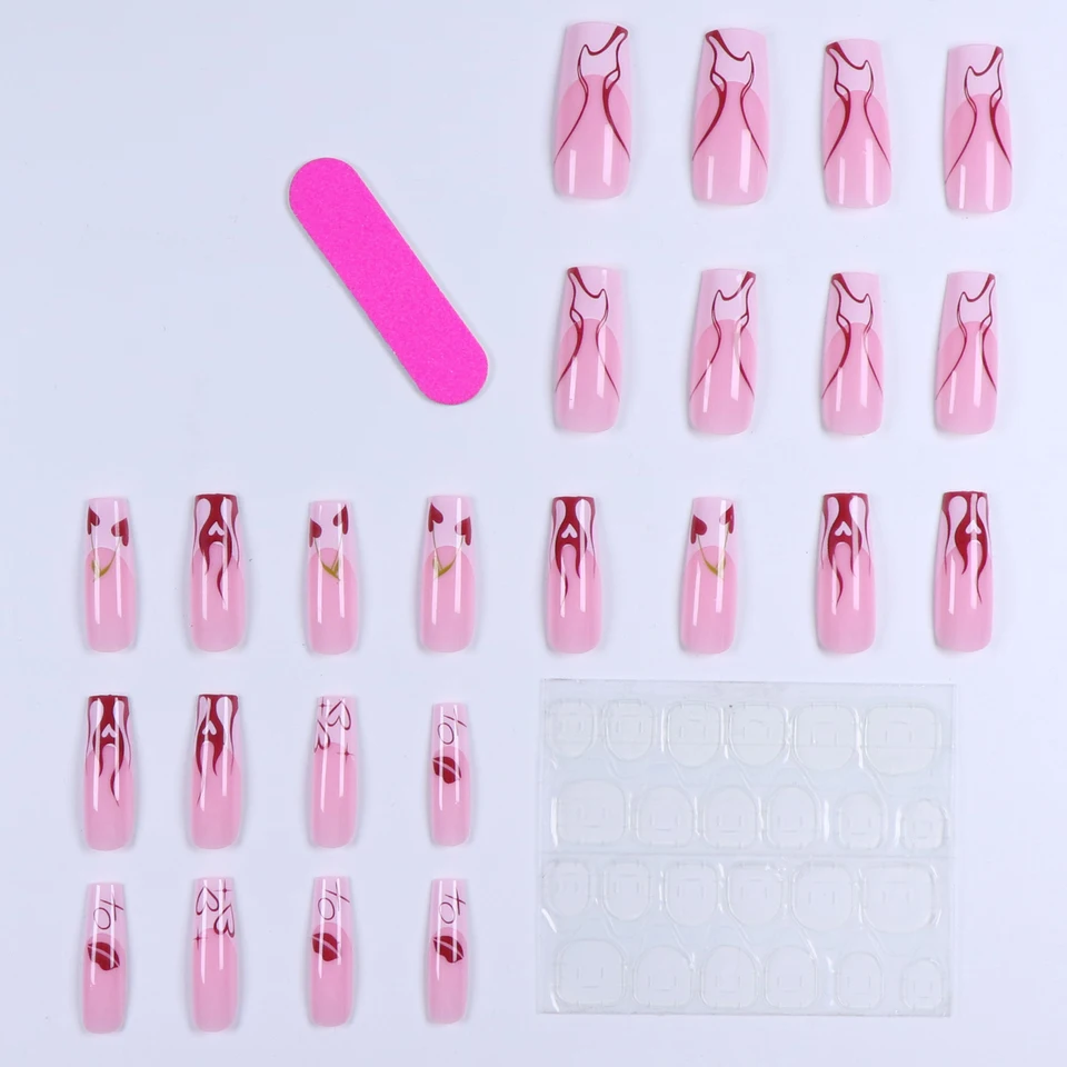Set de 24 uñas postizas medianas cuadradas rojas francesas, cubierta completa, con diseño de amor, regalo para chicas, madres y mujeres. 3