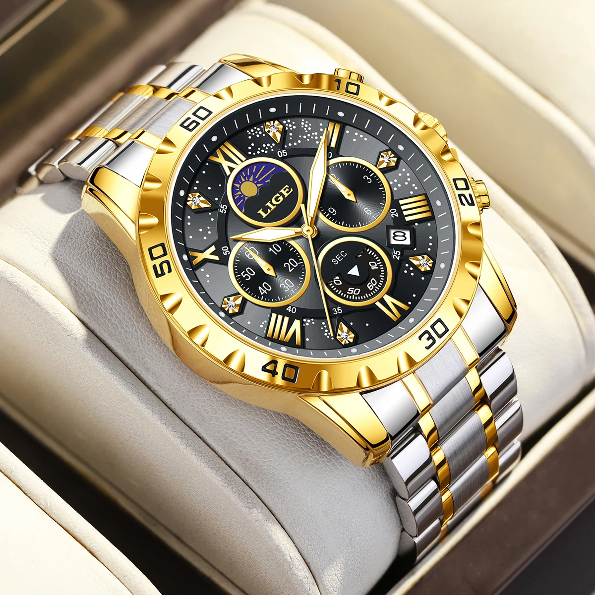 LIGE Top Brand Luxury Quartz Man Watch Casual Sport Stainless Luminous Waterproof Chronograph 24H Moon Phase Watches for Men+Box