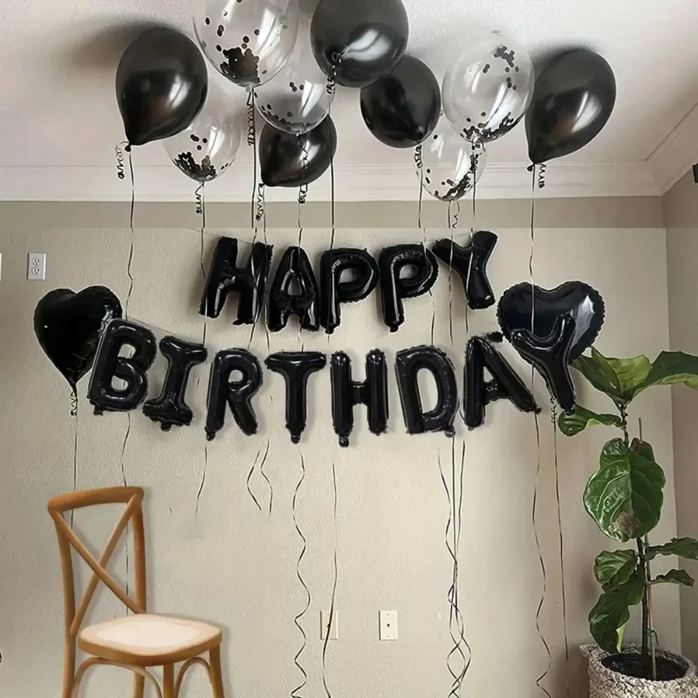 16Pcs Black Happy Birthday Party Balloon Set with Latex And Aluminum Foil Letter Balloons for Birthday Party Decoration view 6