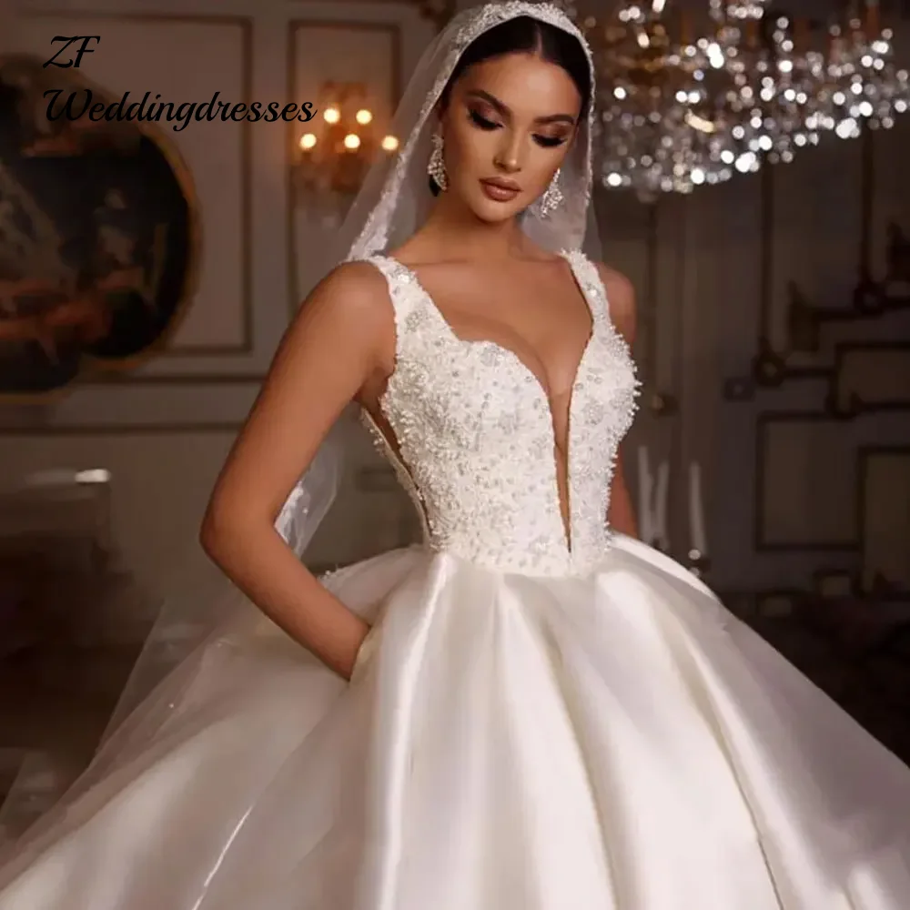 Customized Luxury Sleeveless Satin Wedding Dress Princess Plus Size A-Line Bride Gowns Sleeveless Vestido de Noiva