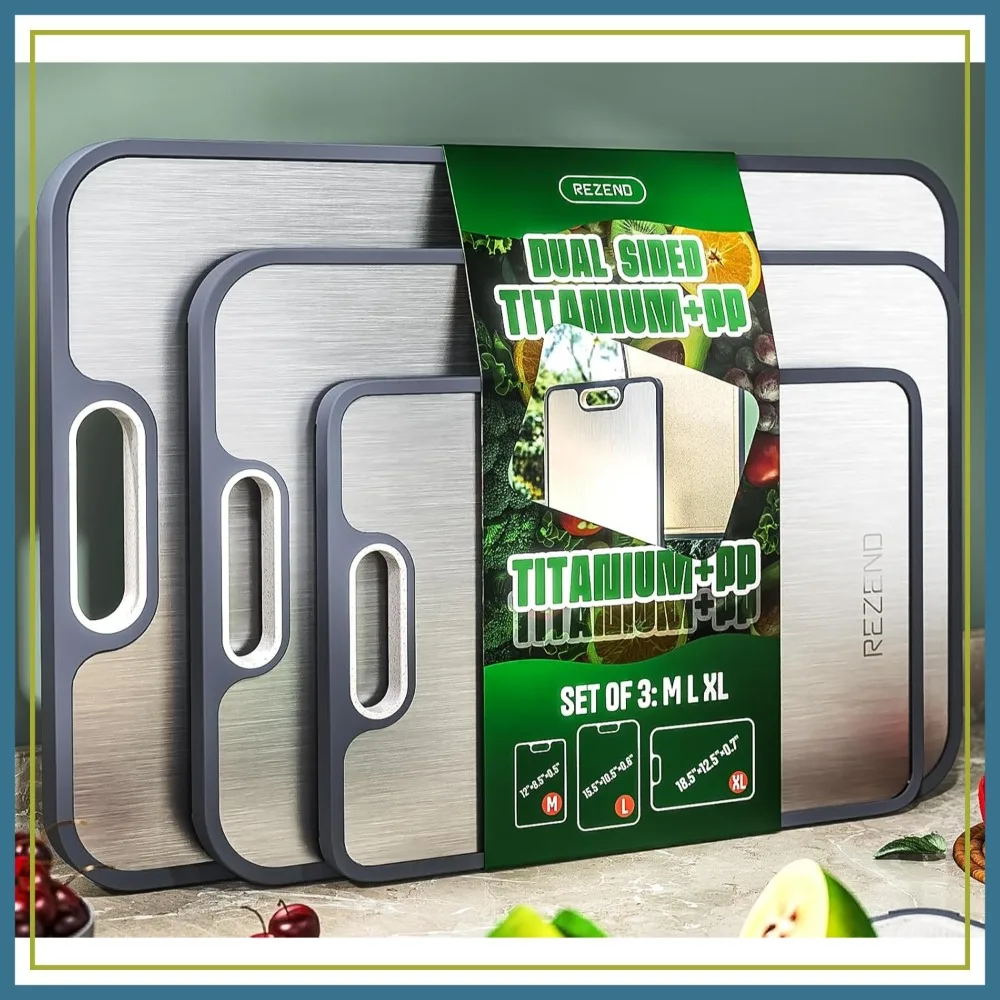 

Titanium Cutting Board Set of 3, Dual Sided Non Toxic, Knife-Friendly with Juice Groove, M/L/XL