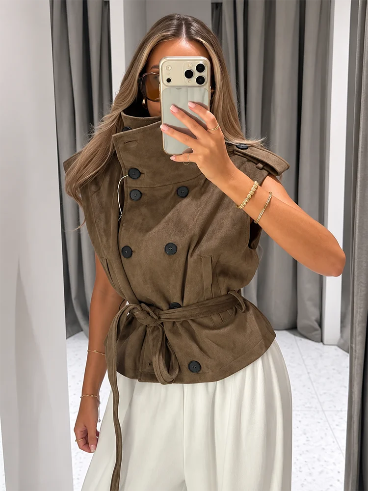 Women's Suede-Effect Sleeveless Double Breasted Vest With Self Tie Belt High Collar Pockets Shoulder Epaulets Outerwear Top 2026