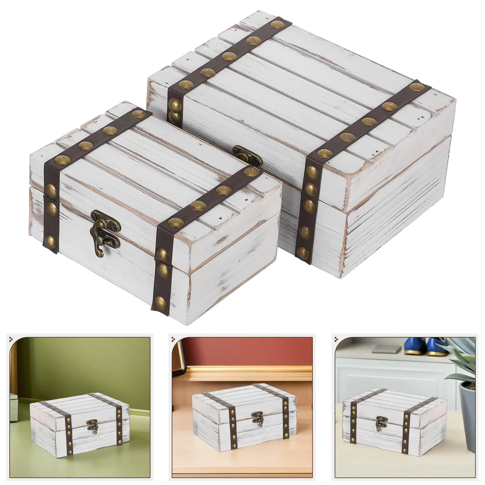 

2Pcs Retro Wooden Jewelry Box Rustic Desktop Organizer Storage Chest Flip Lid Necklace Bracelet Earrings Keepsake Vintage Desk