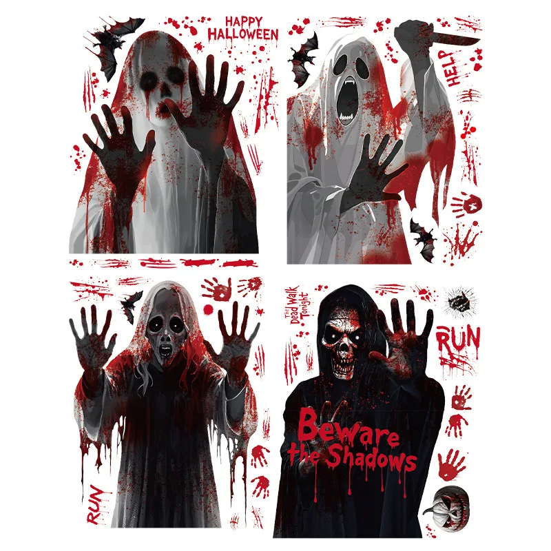 สติกเกอร์แก้วตกแต่งฮาโลวีน สติกเกอร์หน้าต่างผีความตายที่น่ากลัว ลักษณะบรรยากาศผี ลายนิ้วมือเลือด ไฟฟ้าสถิต s