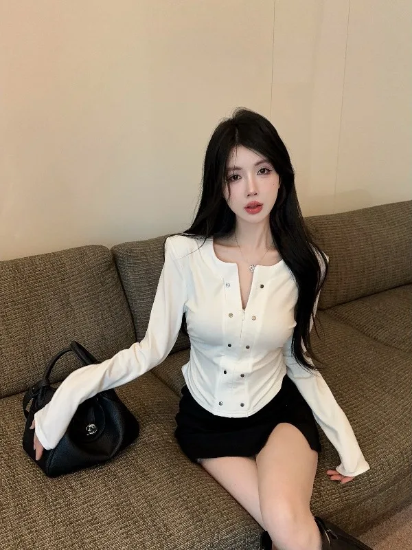 

Топ с длинными рукавами в американском ретро-стиле с рваным краем и пряжками, асимметричный подол на талии для модных девушек, бренд Nicole Rose