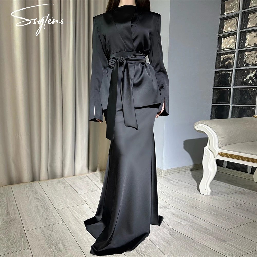 

Vintage Black Mermaid Evening Dresses Long Sleeve Prom Dress 2024 Arabian Muslim Mermaid Formal Occasion Gown Tied Belt 2 Pieces