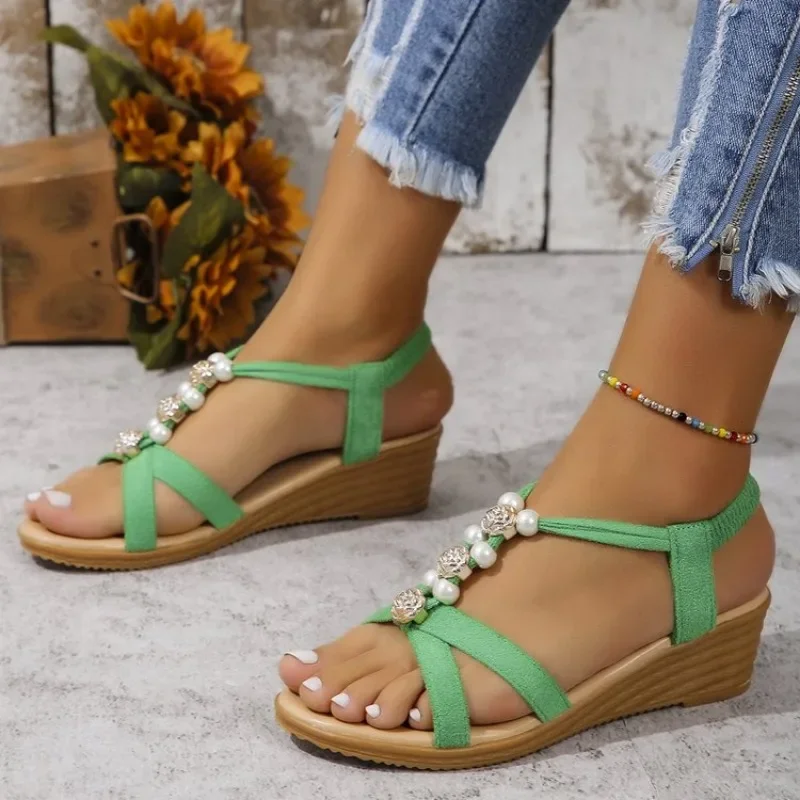 

2025 Shoes Female Elastic Band Women's Sandals Outdoor Casual Sandals Women String Bead Round Toe Wedges Plus Size Shoes Women