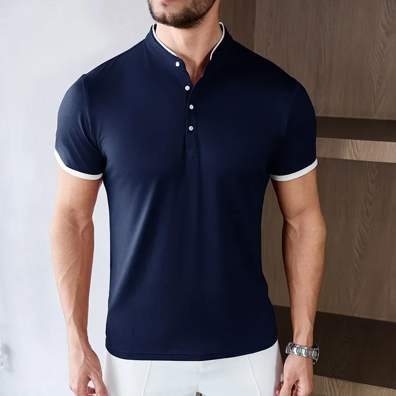 Men's Casual Fashion Solid Color Short Sleeve Stand up Collar T-shirt 2025 Summer Versatile Comfortable Top