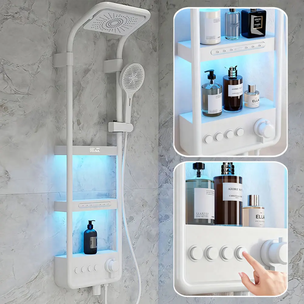 Modern High End Bathroom Shower Faucet Set Rainfall Waterfall Mixer Taps Smart LED Display Rain Showers Panel System with Lamp