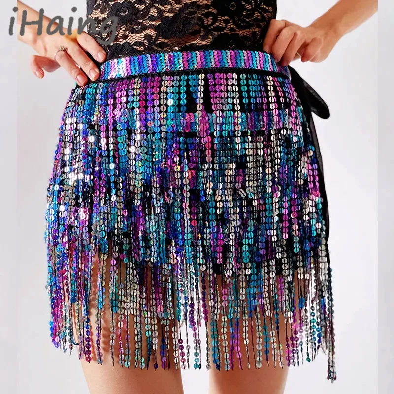 Women Glitter Tassel Belly Dance Hip Scarf Lady Sequins Rave Carnival Belt Skirts Stage Performance Costume Towel Wrap Dancewear