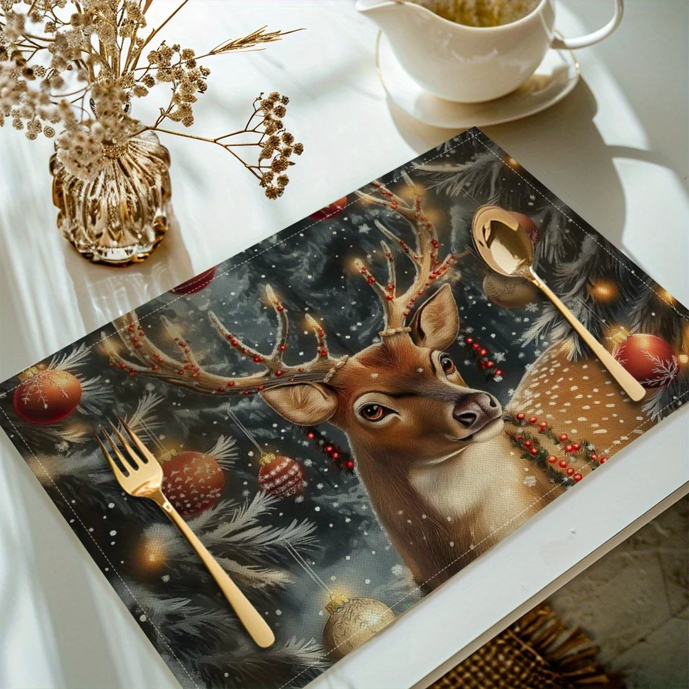 Christmas Deer Placemats, Polyester Table Mats, Rectangular 30x40cm Kitchen Dining Decor, , Suige Home Brand