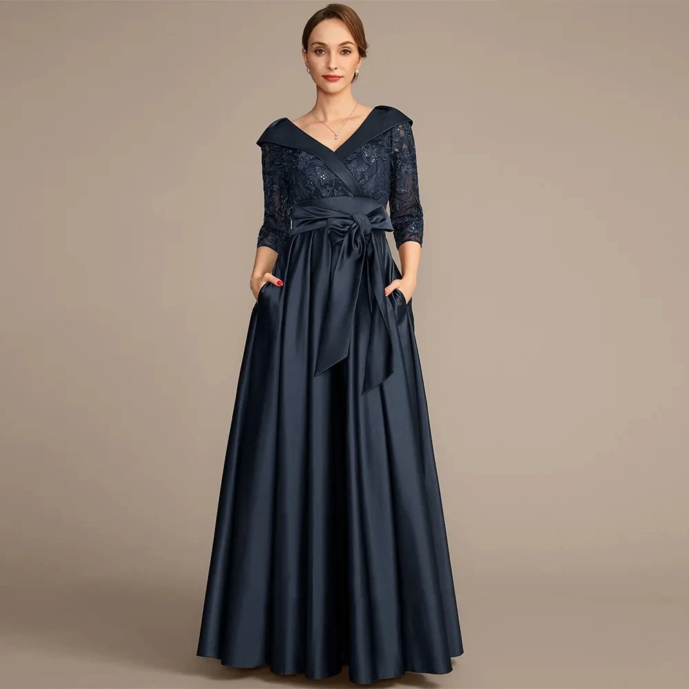

Vintage Navy Blue Mother of The Bride Dress V Neck 3/4 Sleeves Sequined Applique Satin A Line Wedding Guest Gown Party Gowns