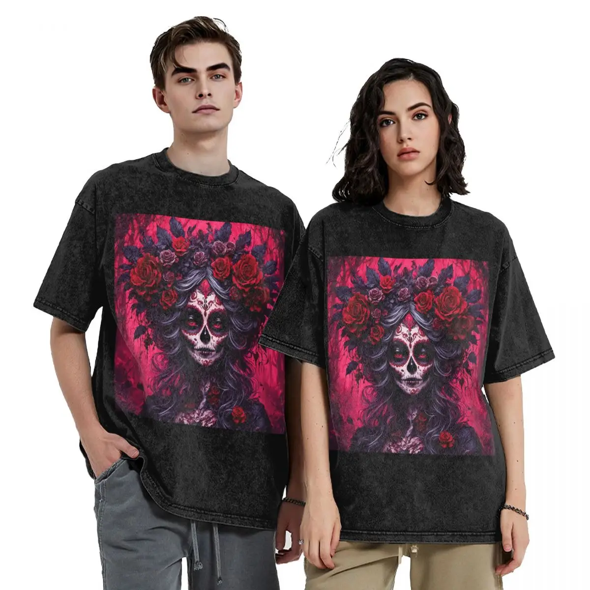 Mexican Catrina Girl Day Of The Dead Sugar Skull Washed T Shirts Short Sleeve Hip Hop T-Shirt Streetwear Tops Tees Men Women