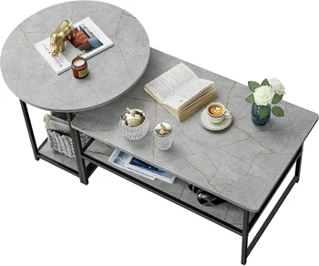 Image Coffee Table, Modern Style Coffee Tables for Living Room Marble Center Table with Storage 2 in 1Detachable Table Set,Grey