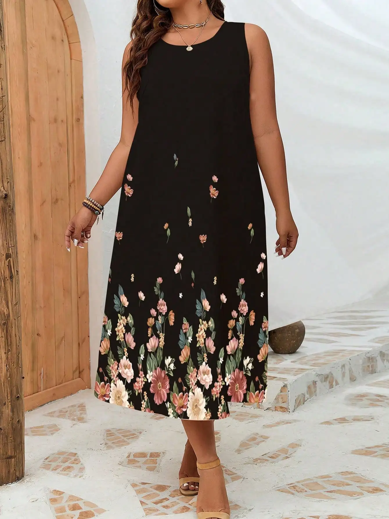 

Черное платье-миди без рукавов с цветочным принтом, летнее, повседневное, А-силуэта