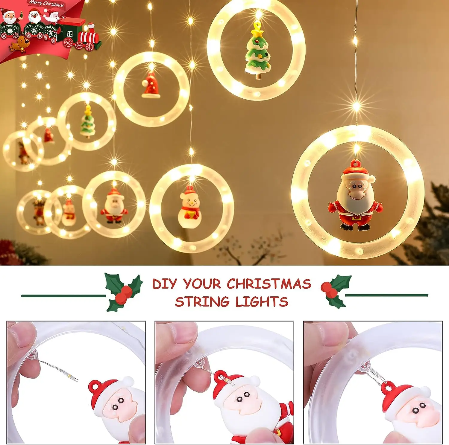 Christmas Window Lights, 10 Round Lights 120 LED Lights Christmas Decorations Indoor, Battery Operated Christmas Curtain Lights