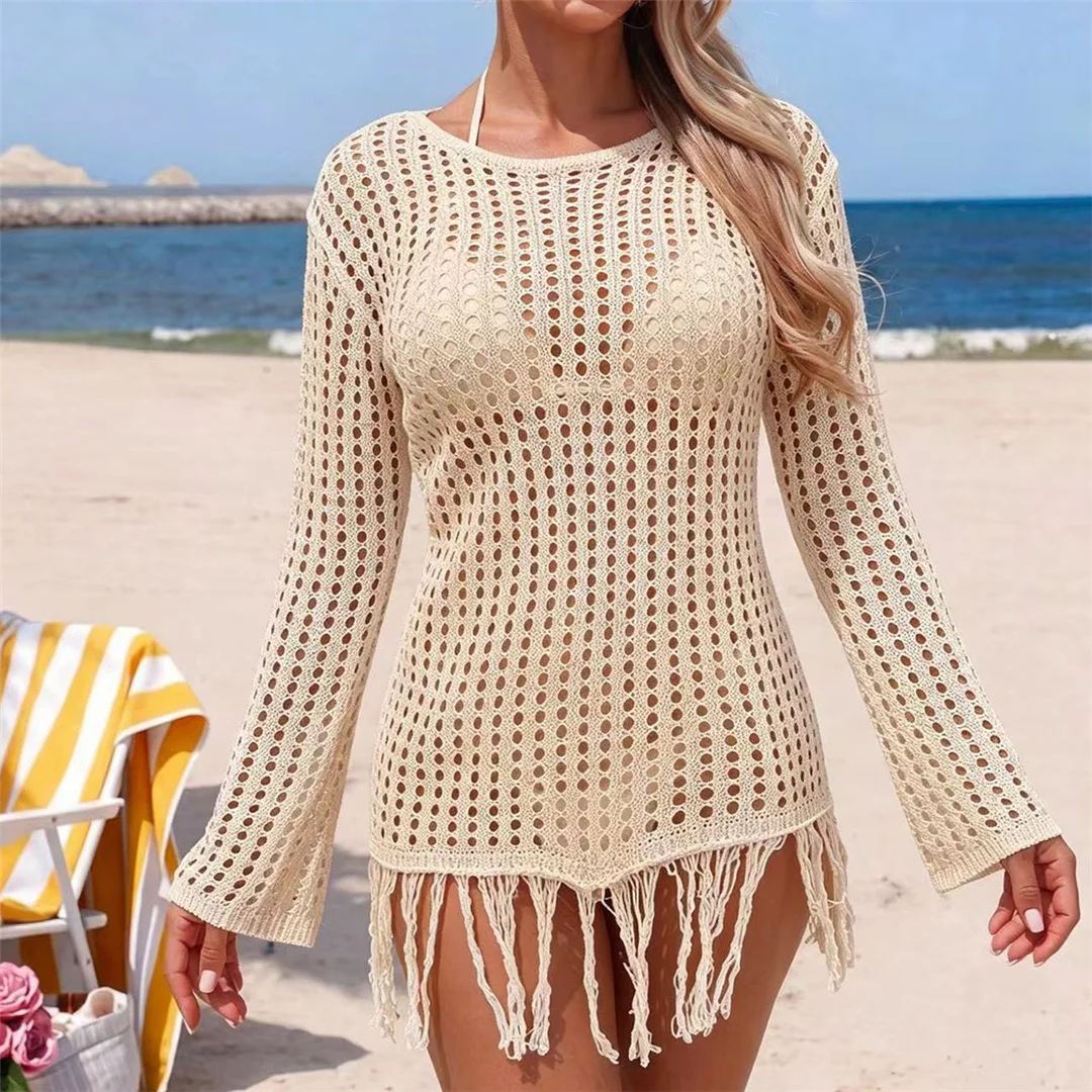Langärmliges, einfarbiges, gehäkeltes, gestricktes Tunika-Strandkleid mit Quasten, Strandkleid, Strandmode, Damen V8515 – Detail 11