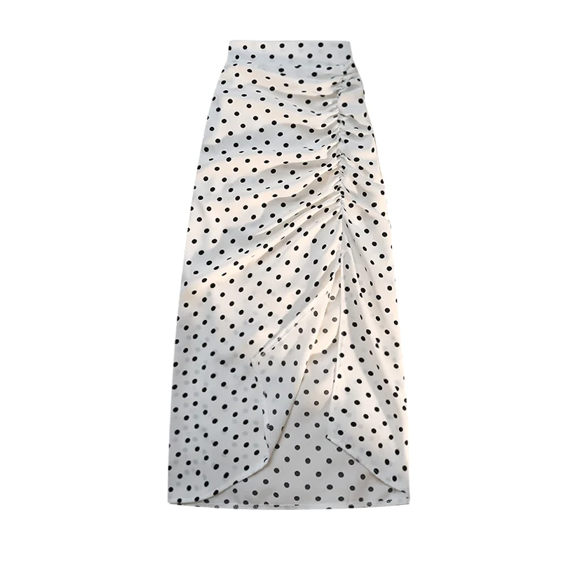 High Waist Slit Hem Dot Printing Pleated Temperament A-line Skirt Summer Slim Elegant Midi Dress Fashion Office Women Clothing - Image 5