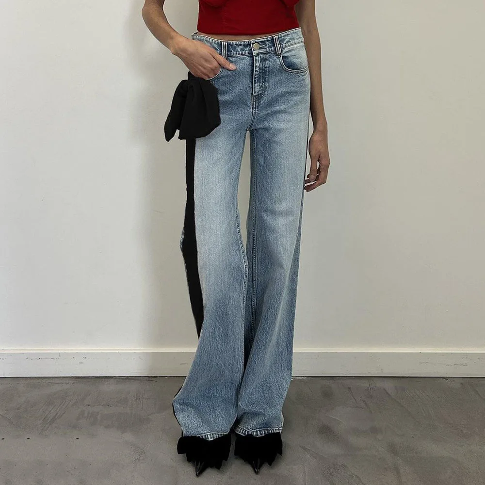 Women's Y2K Vintage Washed Velvet Webbing Splicing High Waist Straight Pants Cotton Commuter Jeans for Early Spring 2025