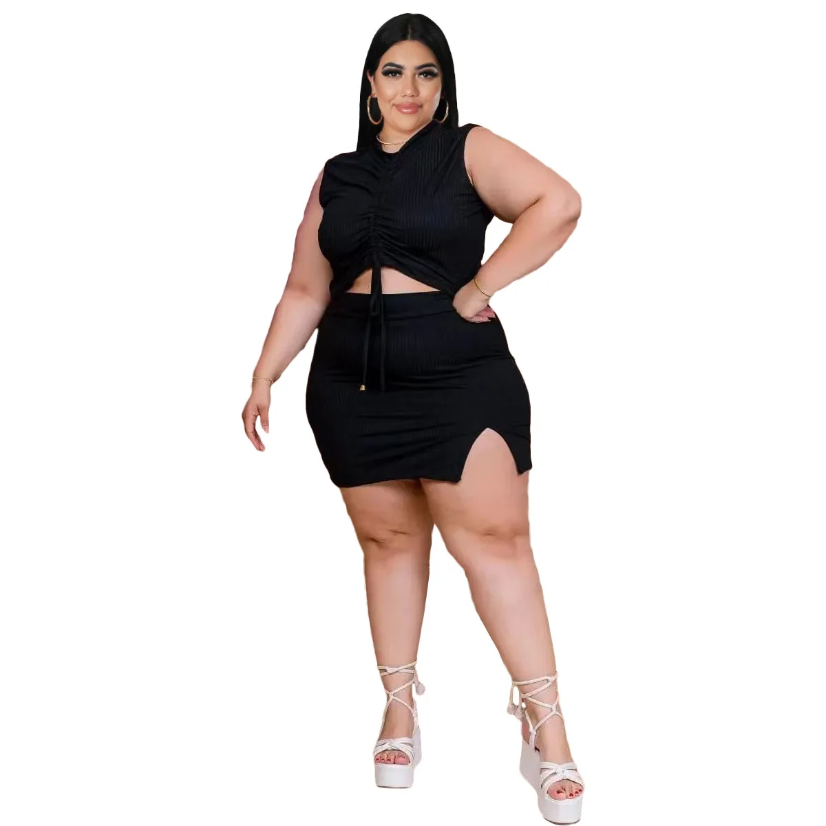 L-5XL Set Ukuran Lebih Cocok Musim Panas 2023 Pakaian Wanita Afrika Padat Tanpa Lengan Lipit Rab Bodycon Rok Seksi Dua Potong Setelan