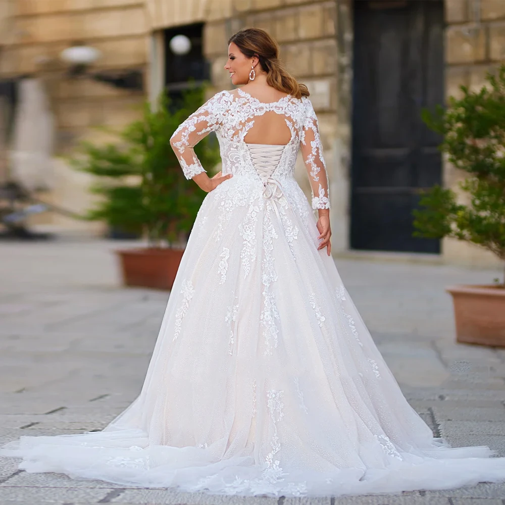 Ivory Oversize Wedding Dresses Full Sleeve Plus Size Bride Gowns Lace Applique Lace Up Backless A-Line Robe De Mariée Summer New