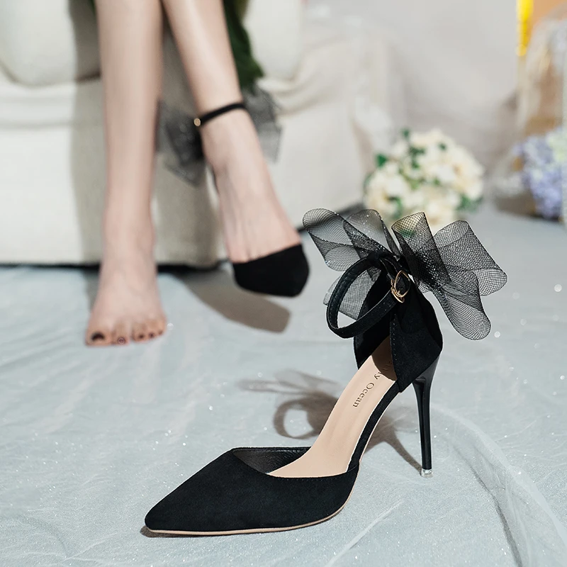 Tulle Bow Heels Designer Stiletto High Heels Women Pumps 2022 Wedding Shoes Bride Ladies Party Prom Shoes Big Size 44 45