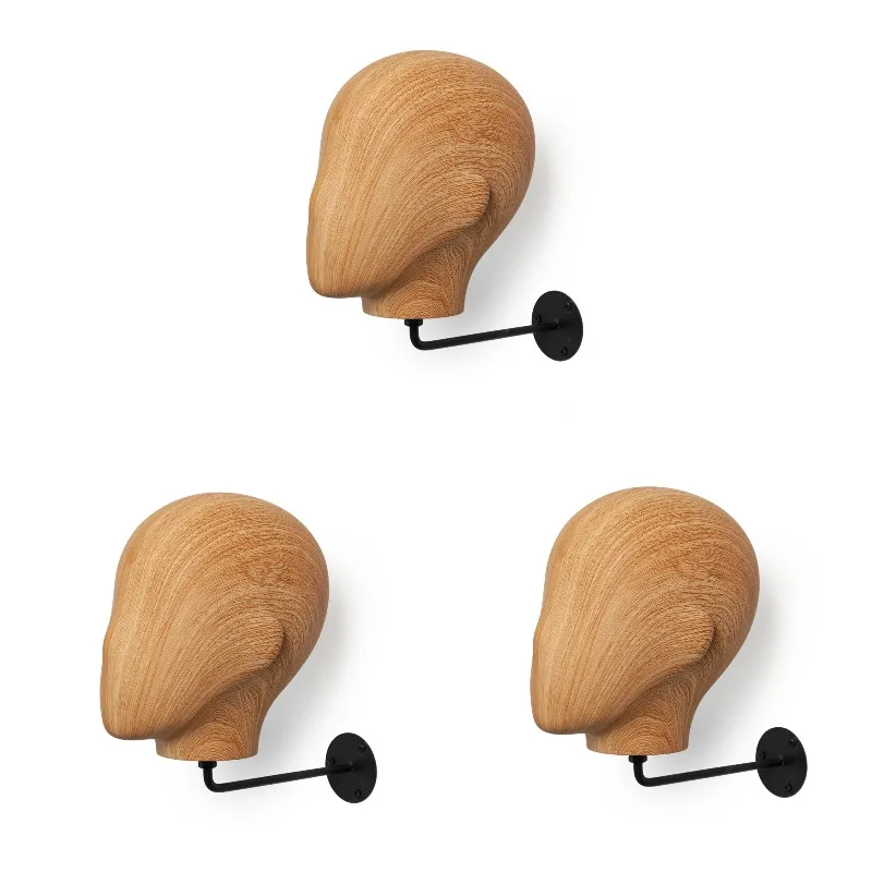 Wood Grain Wall Mount Mannequin Head Display Stand Unisex Hat Rack Hanging Cap Organizer Retail Store Accessory Storage Holder