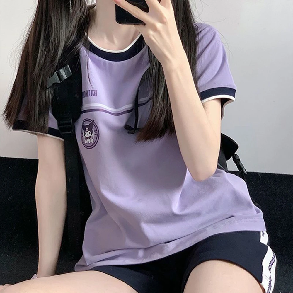 

2Pcs Kuromi Sports Women Purple Short Sleeve T-Shirt & Shorts Set Y2K Anime Cute Casual Loose Summer Kawaii Loungewear Tracksuit
