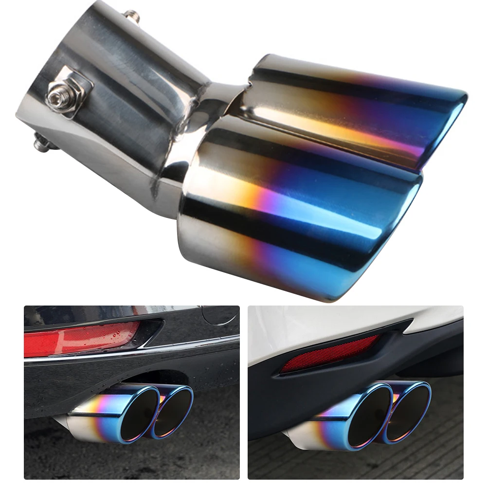 Car Exhaust Muffler Tip Stainless Steel Car Oval Rear Exhaust Dual Outlet Tail Pipe Muffler Burnt Blue Car Round Accessories