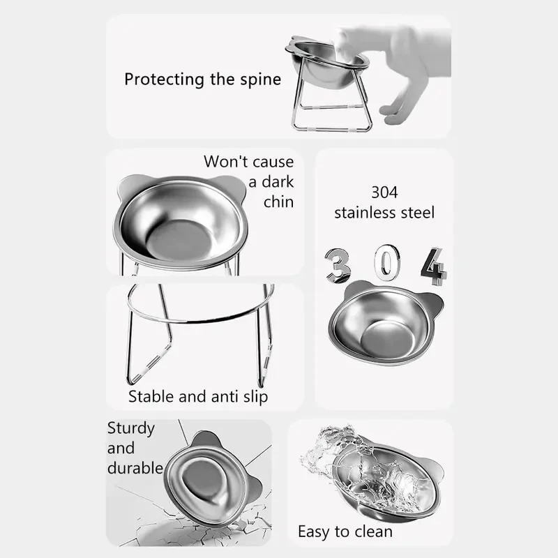 Raised Cat Bowls Tilted Neck Guard Cat Food Bowl 304 Stainless Steel Shatter-resistant Elevated 15° Pet Supplies for Puppy Cat - view 4