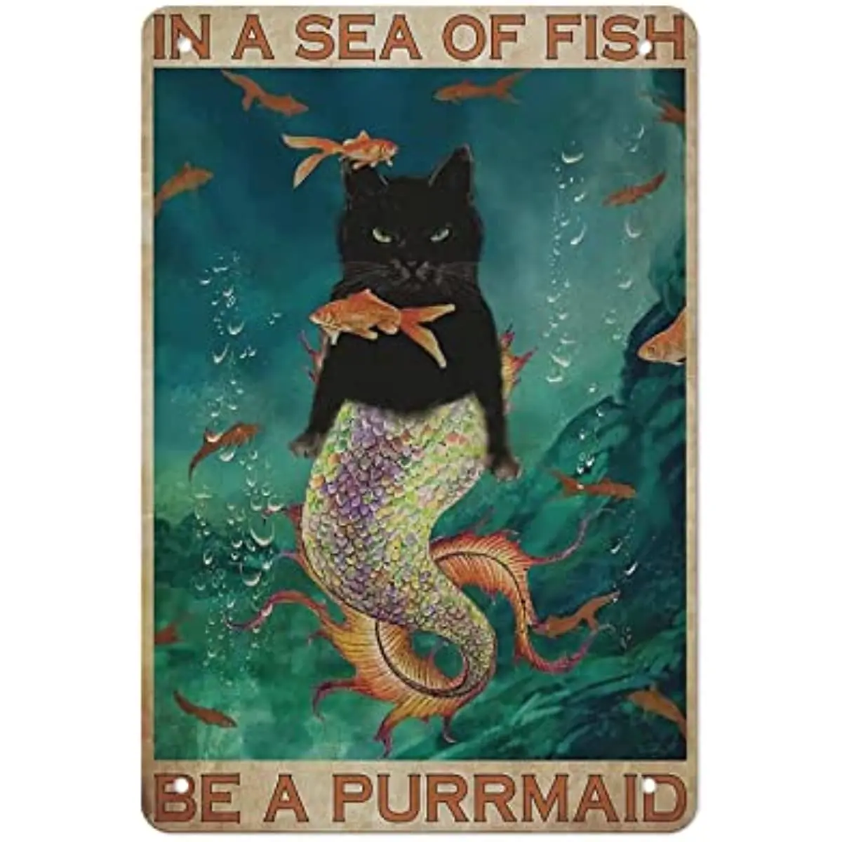 Vintage Tin Sign Art Black Cat Metal Poster Mermaid Metal In A Sea of Fish Logo Poster Home Kitchen Cafe Bathroom WallDecorGifts