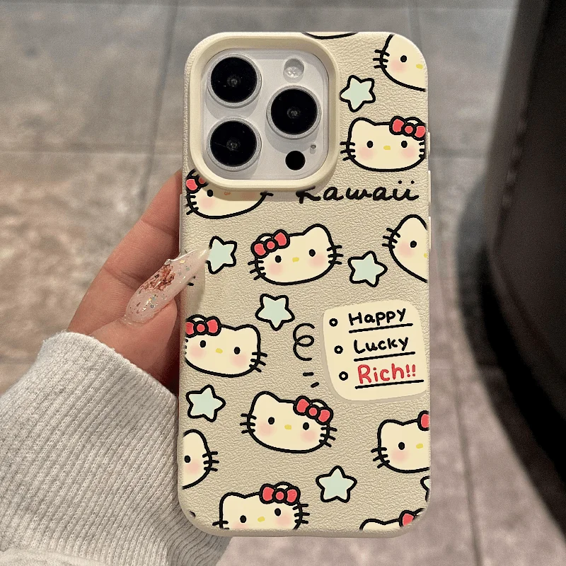 

Cute Hello Kittys Fashion TPU Imitation Leather Phone Case for IPhone 16 Plus 15 14 13 12 11 Pro Max Shock-absorbing