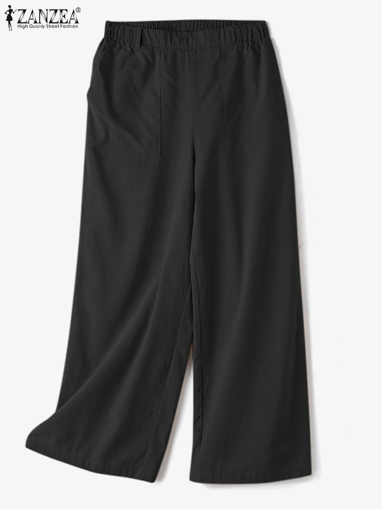 ZANZEA-Pantalon casual para mulheres, moda solta, calça de algodão, cintura elástica, calças largas, cor sólida, verão, 2024