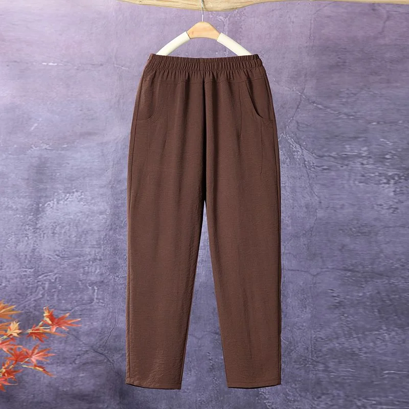 Mom's New Summer High Waist Ice Silk Elastic Pants Commuter Fashion Thin Candy Color Simple Pocket Casual Versatile 9/4 Pants