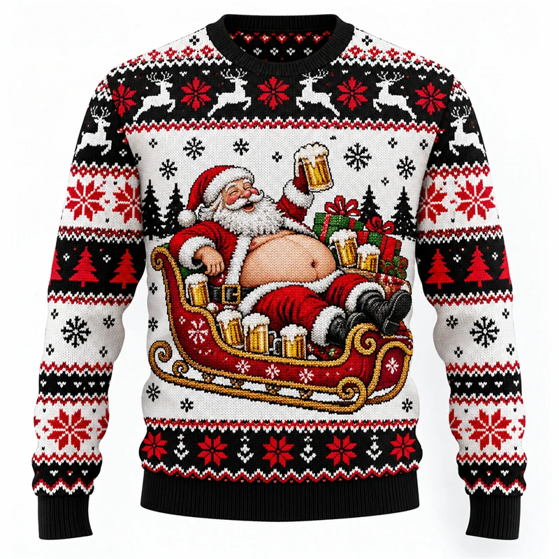 3D Print Beer Santa Graphic Men Ugly Christmas Sweatshirt Funny Ugly Sweater Long Sleeve Pullover 2026 New Xmas Gifts Unisex Top