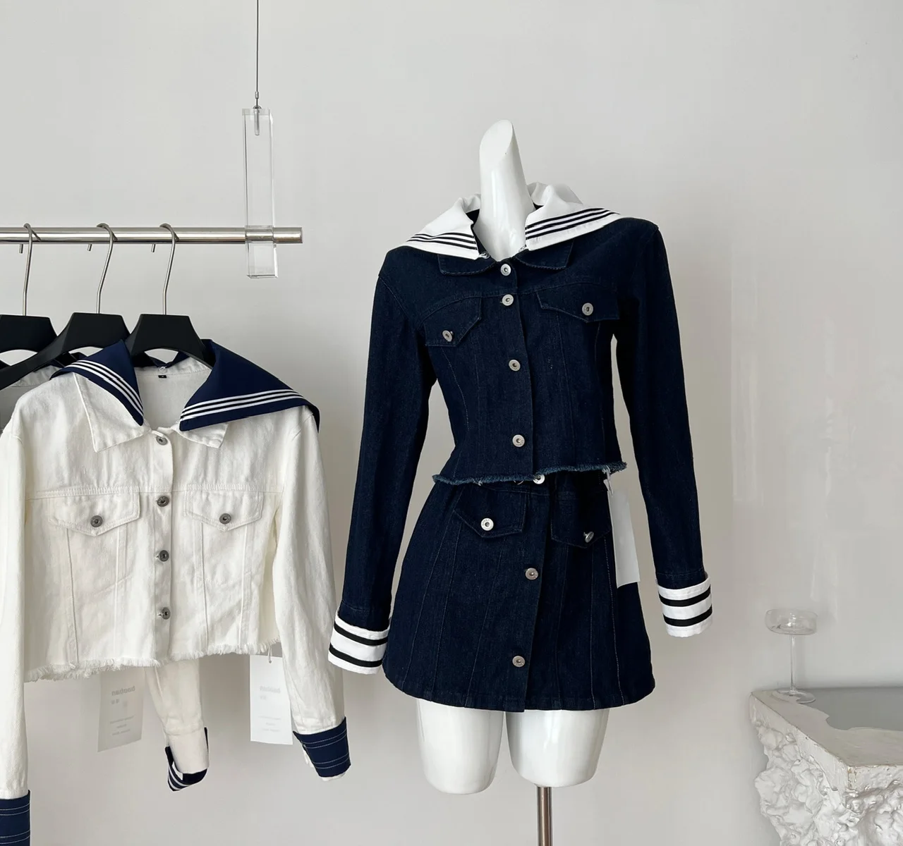 

2025 Autumn Winter Women Korean Preppy 2000s Outfits 2 Piece Set Long Sleeve Sailor Collar Denim Jacket + Mini Pleated Skirts