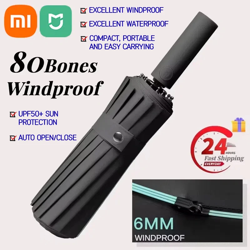 XIAOMI MIJIA Reinforced 80 Bone Super Strong Windproof Automatic Fold Umbrella, Large Waterproof Anti-storm Sunshade UV Umbrella