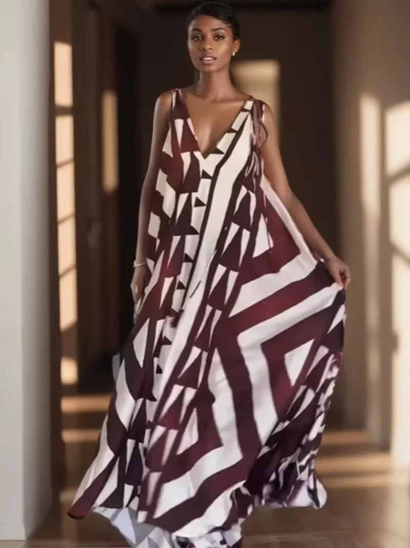 

Holiday Sleeveless Long Beach Dress for Women 2025 Summer New Women's Fashion Backless Sling V-Neck Vacation Dress Vestidos