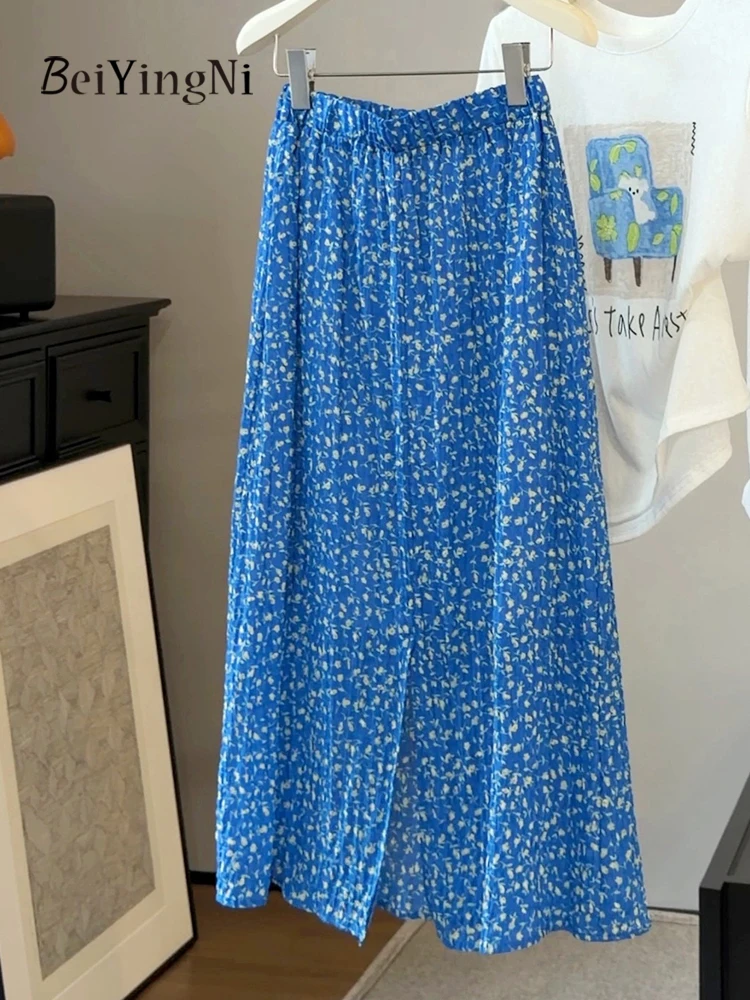 Beiyingni Fresh Style Women's Mid-Calf Skirt Floral Print Split Blue Straight Skirts Ladies Elegant Luxury High Waist Skirt 2026