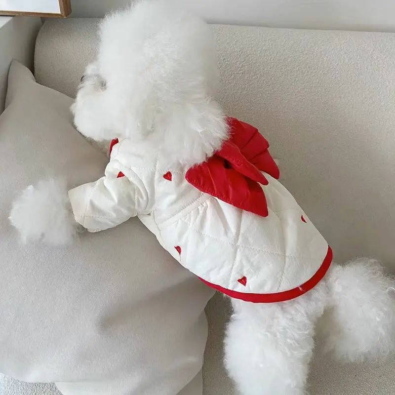 Pet Clothes Autumn Winter New Style Plush Cotton Clip Bow Pull Button Coat Teddy Bear Dog Cat Skirt Dog Clothes Puppy Clothes