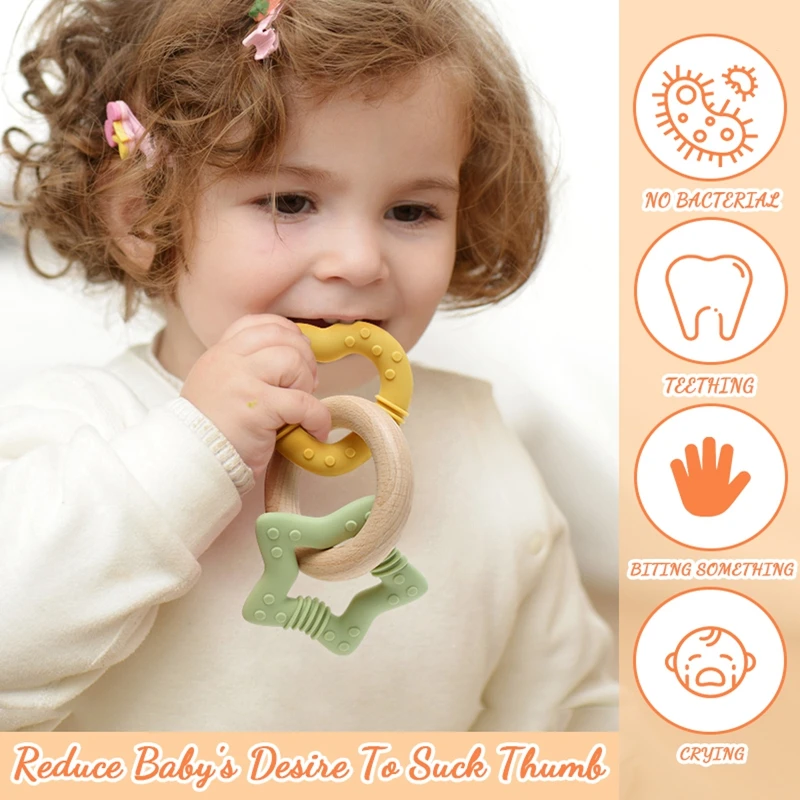 1Pc Baby Silicone Teether Toys Star Heart Wooden Ring Bracelet Teether Toys BPA Free Nursing Teething Toys For Nreborn Gift