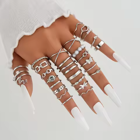 30 PCS Silver Color Geometric Ring Set For Women Vintage Heart Eye Cross Sun And Moon Leaf Charm Finger Ring Female Boho Jewelry