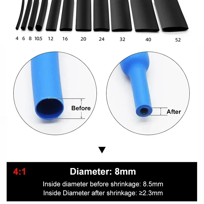 1/2/5/10M 4:1 Heat Shrink Tube With Glue Thermoresistant Tube Heat Shrinkable Tubing 4/6/8/10.5/12/16/20/24/32/36/40/52/72mm