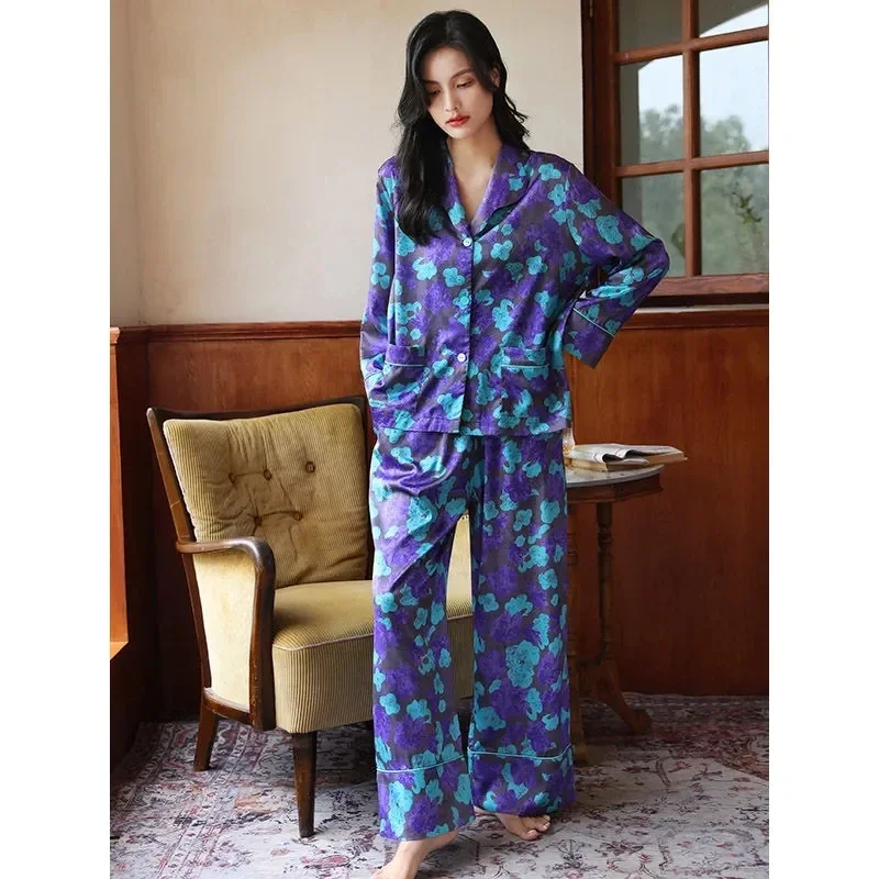 12911-1Pajamas women's spring and autumn models ice silk long-sleeved printing two-piece casual wear high-end new home service