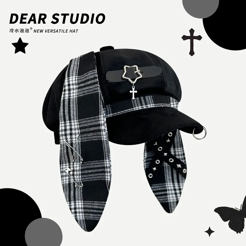 Retro Punk Style Color Matching Plaid Big-eared Berets Y2K Spring Autumn Travel Fashion Versatile Personality Women's Hats