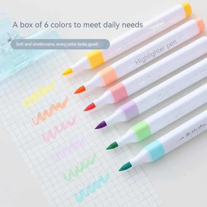 

6 Colors Pastel Color Highlighter Pen Set Brush Fluorescent Markers Highlighters Pens Art Marker Japanese Cute Kawaii Stationery