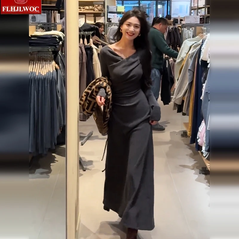 Frans ontwerp lange basisjurken nieuwe vrouw herfst winter lange mouw v-hals effen retro vintage t-shirt jurk vrouwelijke vestidos