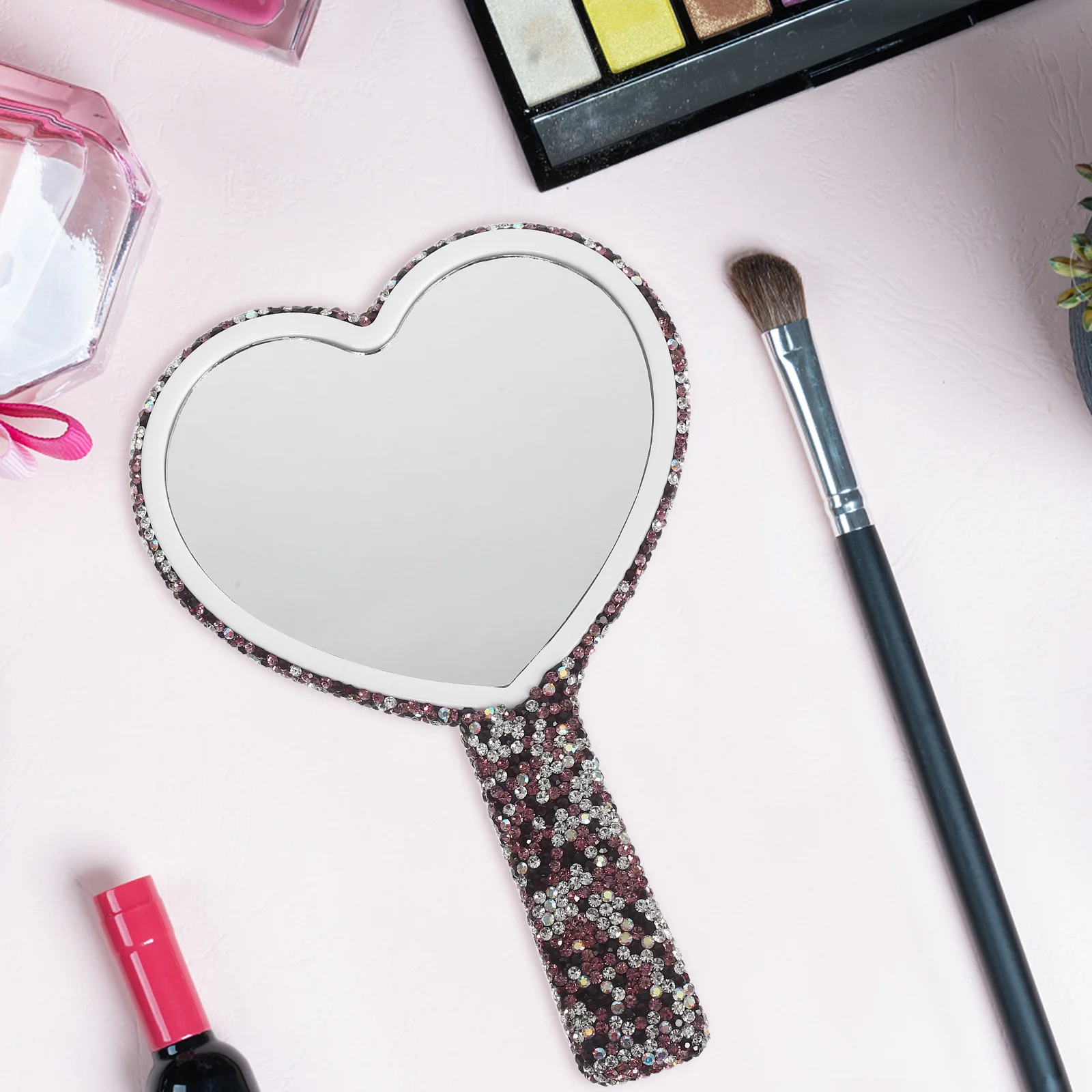 Heart Shaped Rhinestone Portable Handheld Mirror Travel Makeup Vanity Glitter Mirror Valentines Wedding