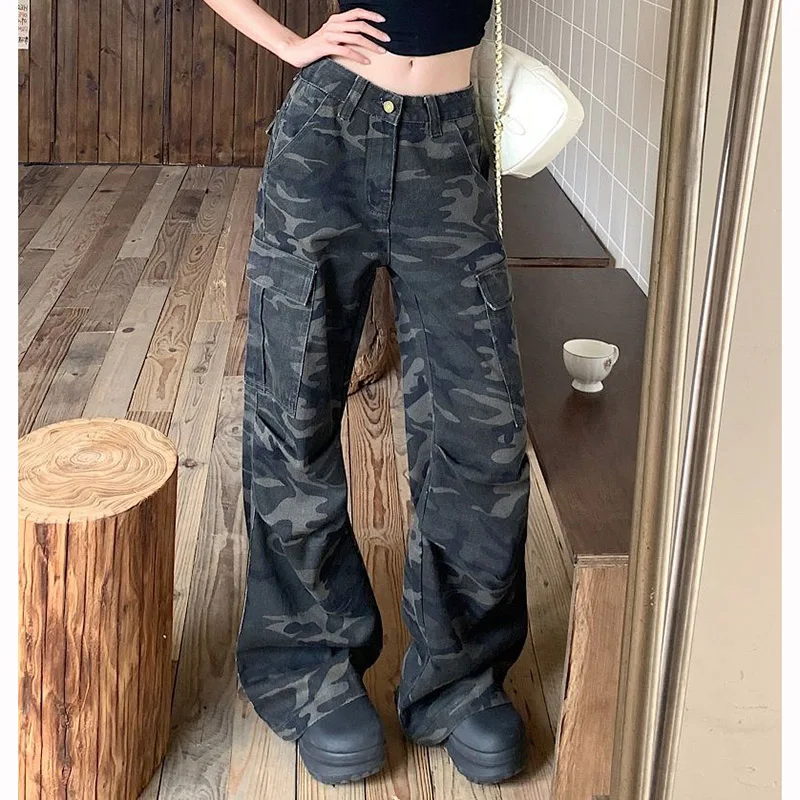 

2026 Women Retro Slim Fit Jeans Female High Waist Camouflage Denim Pants Girls Chic Fashion Baggy Straight Leg Trousers